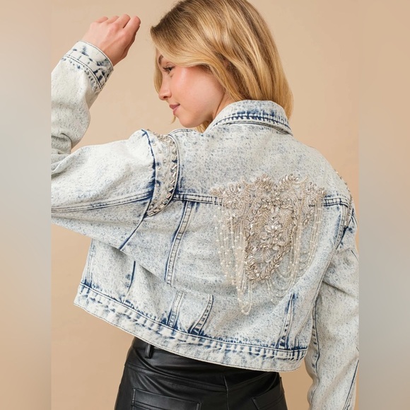 blue b Jackets & Blazers - Blue B Embellished Light Wash Denim Cropped Jacket
